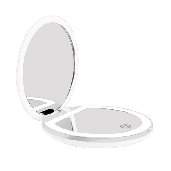 Miroir de poche PERMATAN à éclairage LED, ouvert, sur fond blanc