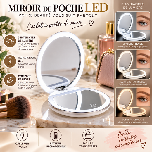Miroir de poche LED rechargeable USB