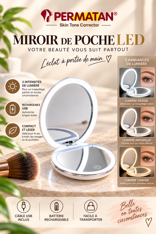 Miroir de poche LED rechargeable USB