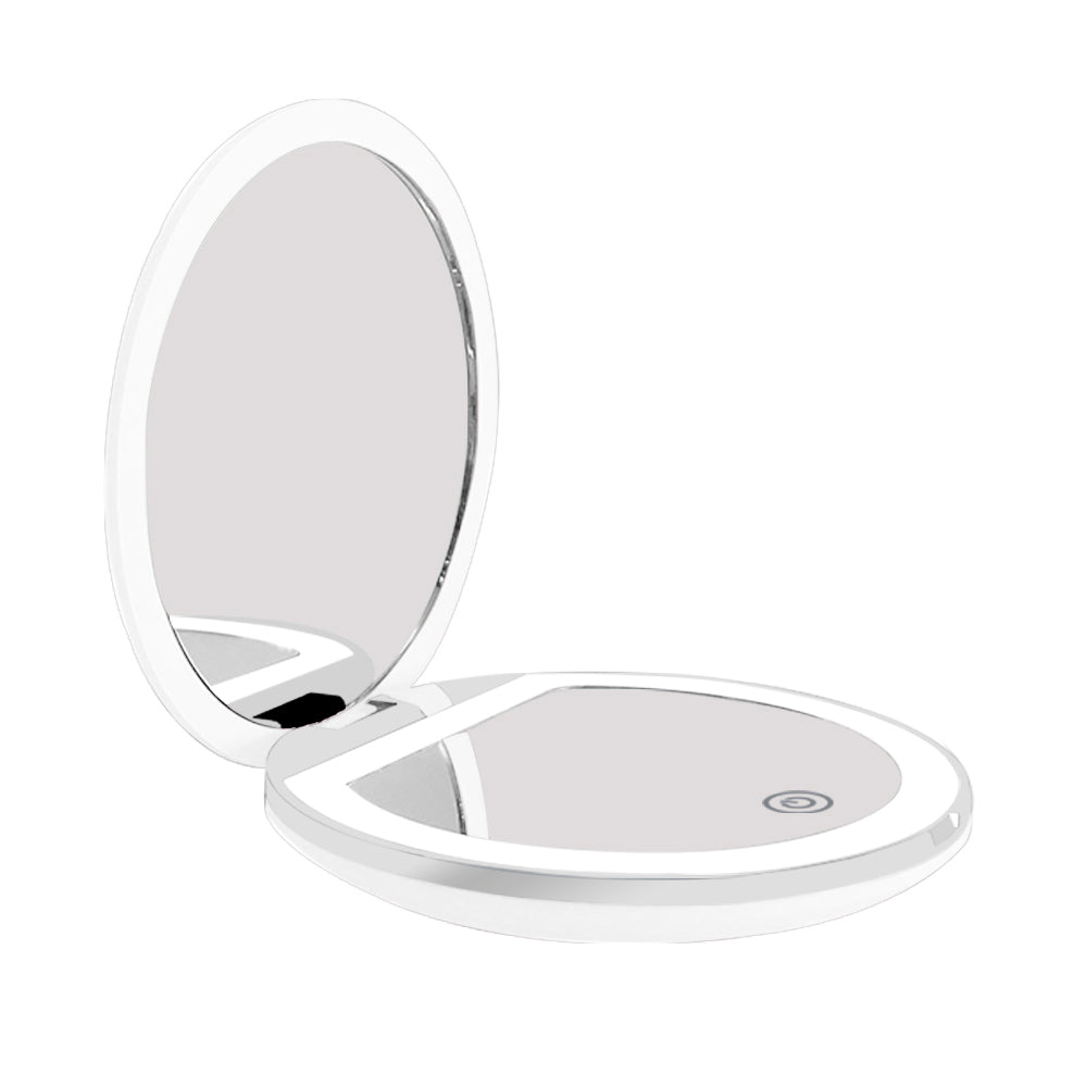 Miroir de poche PERMATAN à éclairage LED, ouvert, sur fond blanc